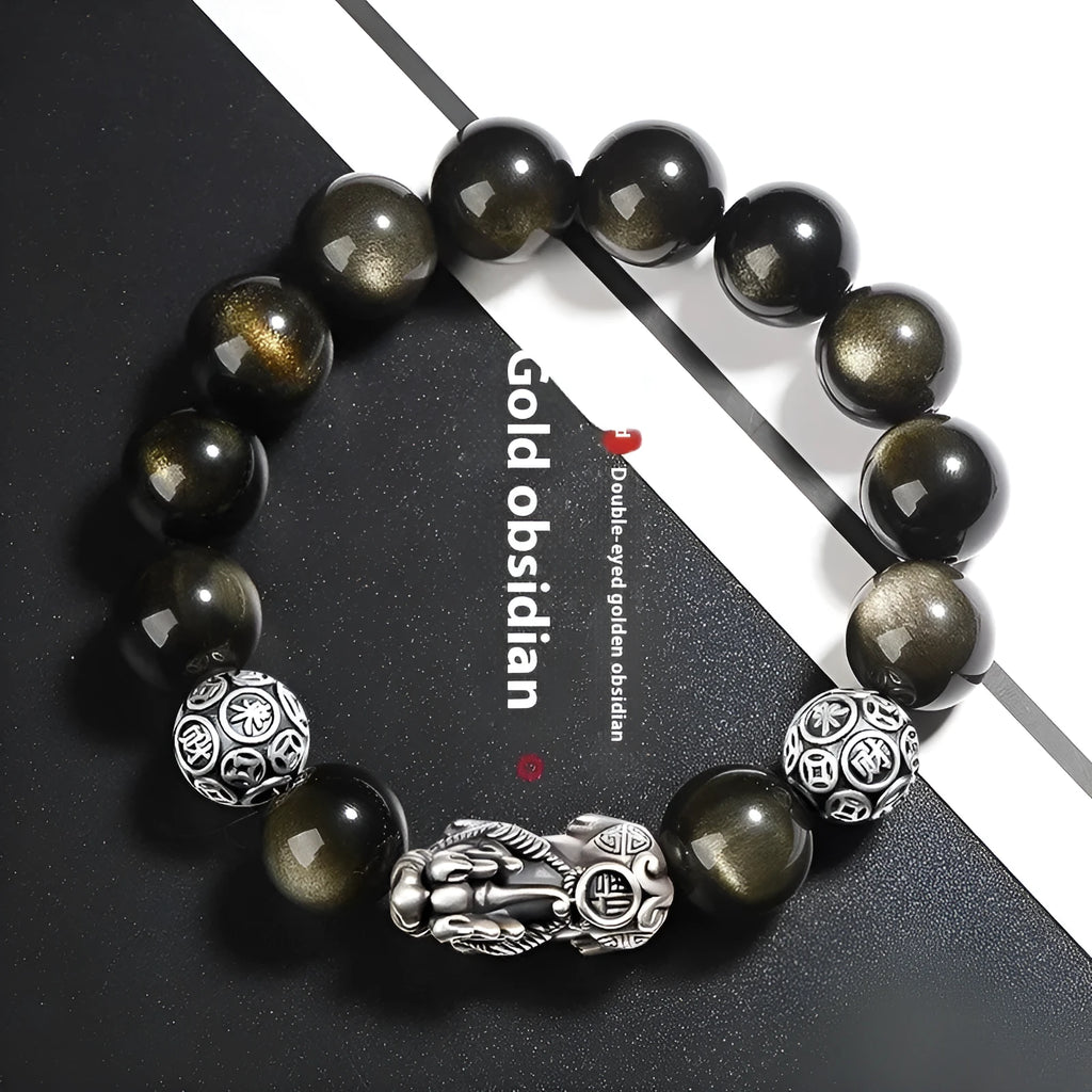 Men's natural obsidian and S999 sterling silver bracelet with geometric design