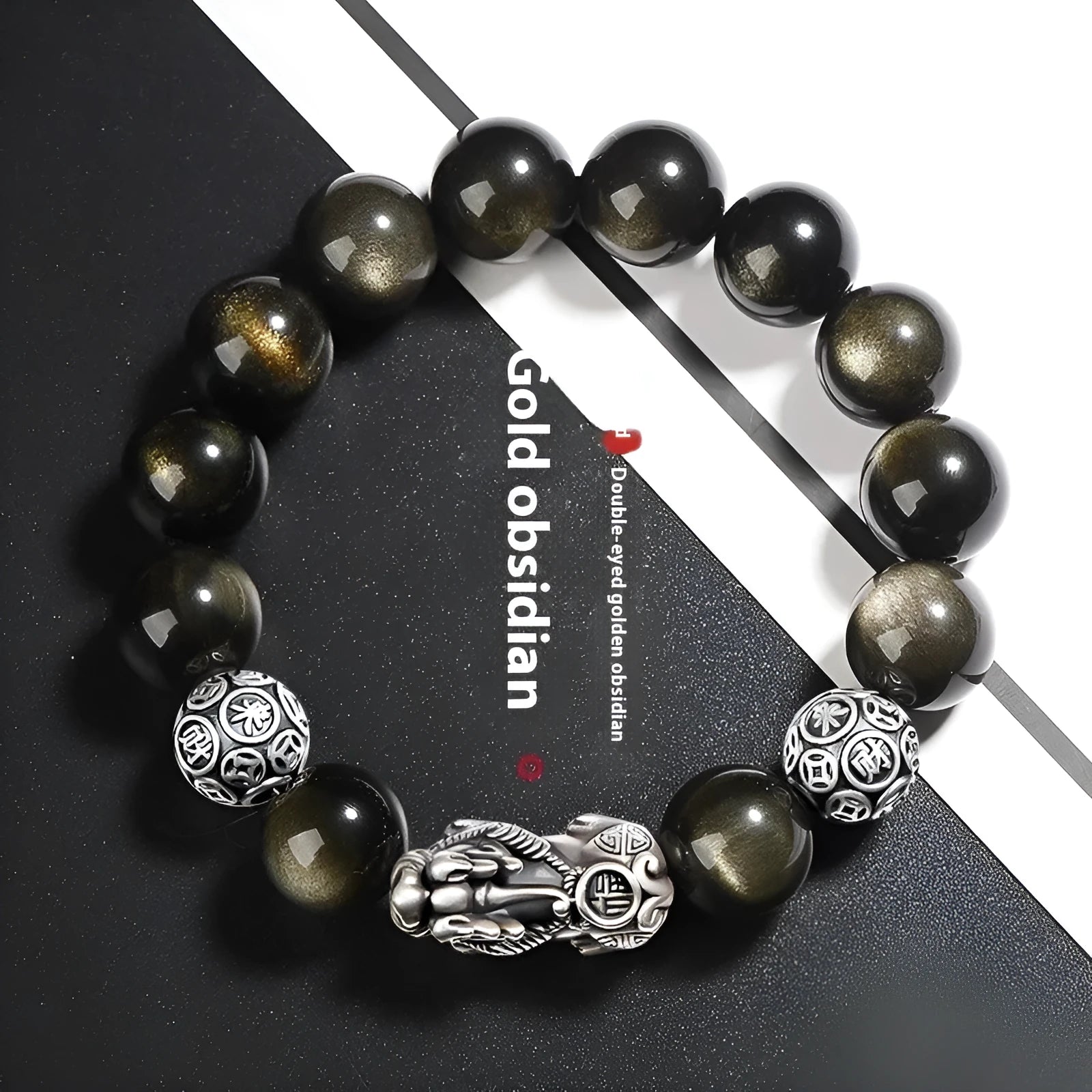 Men's natural obsidian and S999 sterling silver bracelet with geometric design