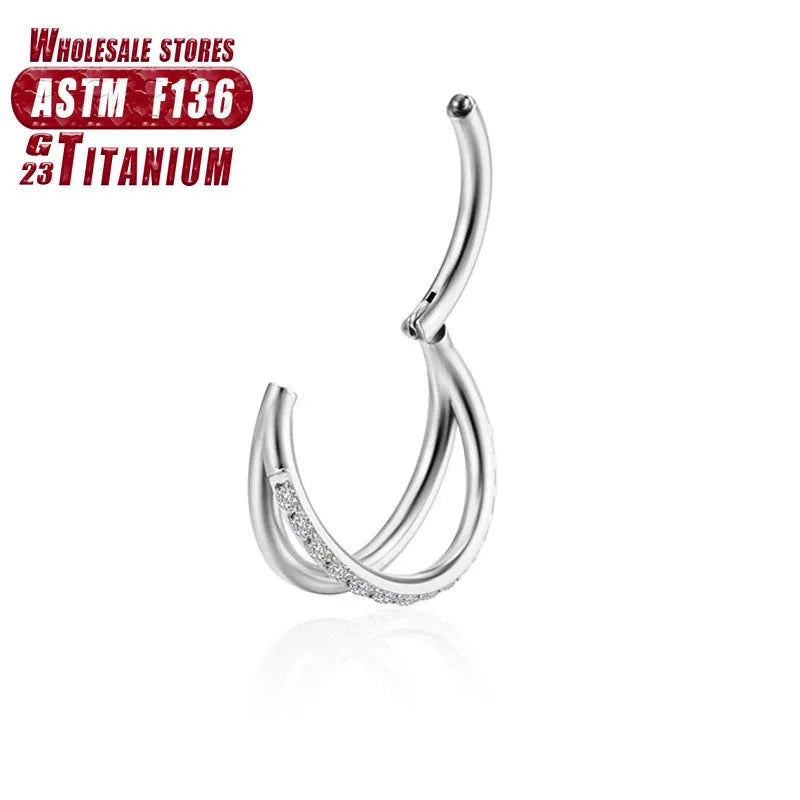 Titanium alloy fork nose ring body jewellery on a plain background showing post length options.