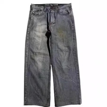 Men's grey washed-out American retro denim jeans with wide-leg workwear design and straight-leg cut