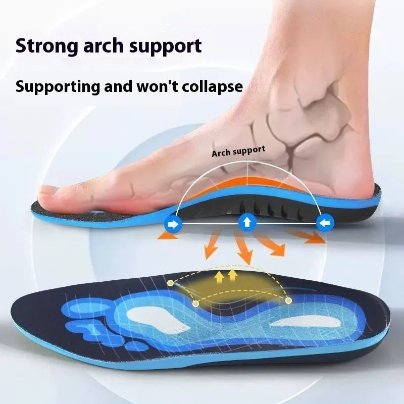 Blue and green PU flat foot correction insoles showing arch support design with yard sizing indicators