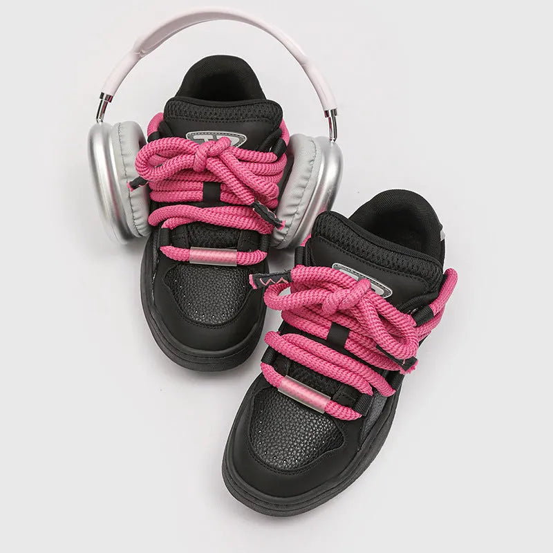 Unisex casual lace-up shoes with thick rubber sole in various colours including denim blue and milky white