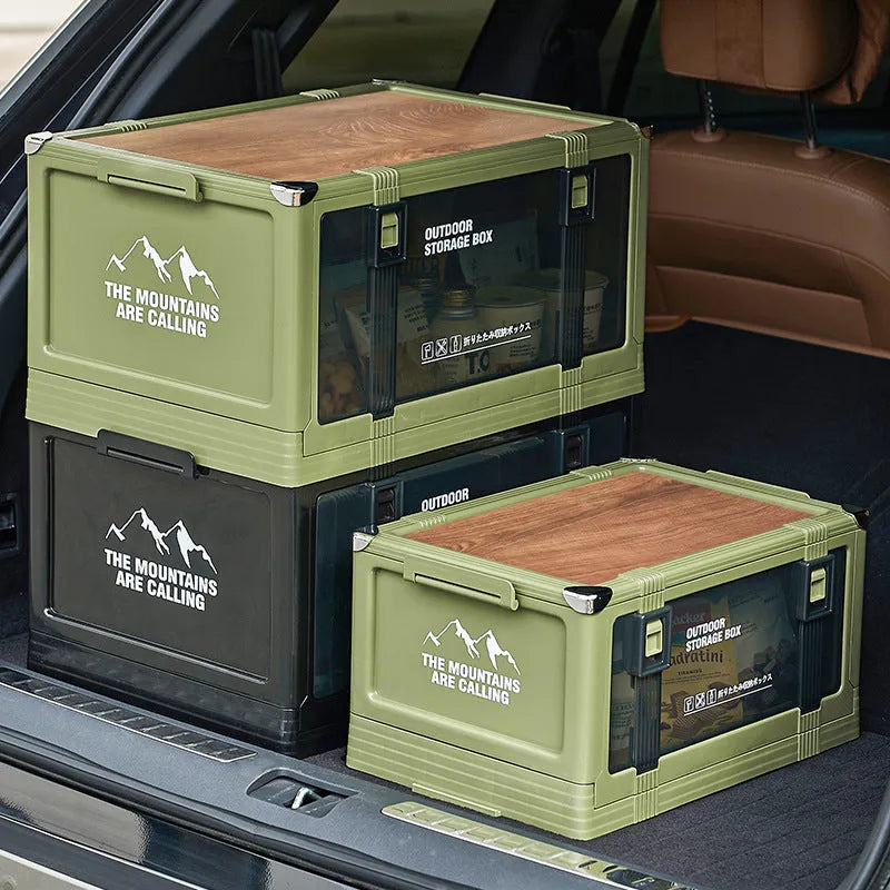 Outdoor camping folding plastic storage box with wooden lid in cream white for car trunk organisation