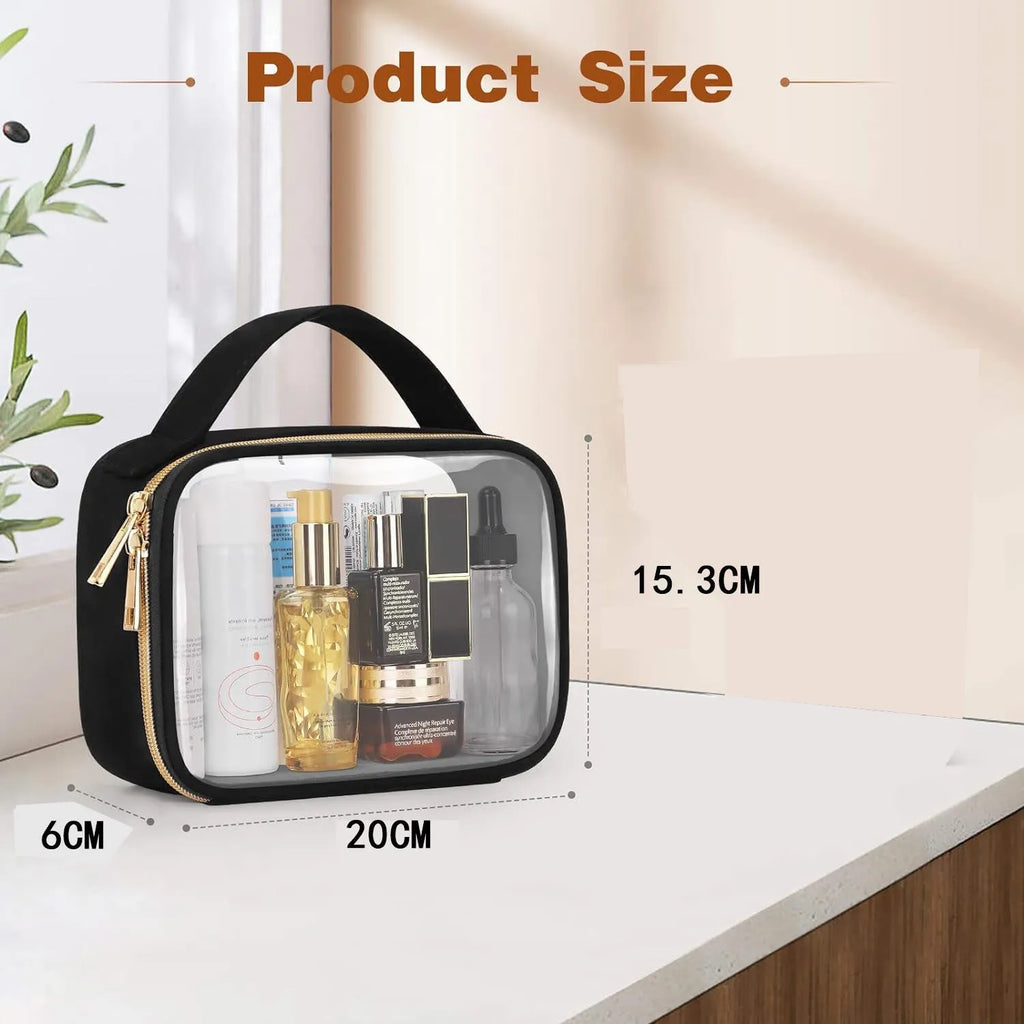 Transparent PVC lipstick storage bag with a metal chain handle, shown in multiple colour options.