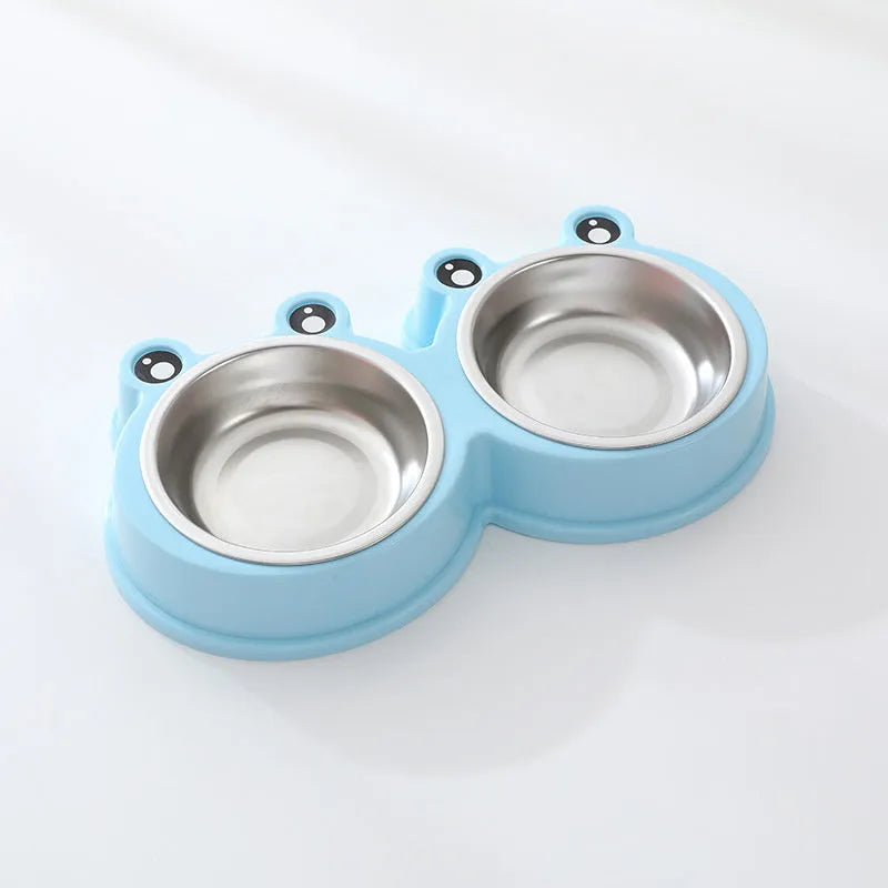 Stainless steel double pet bowl for food and water with a non-slip base and frog design, in blue colour.