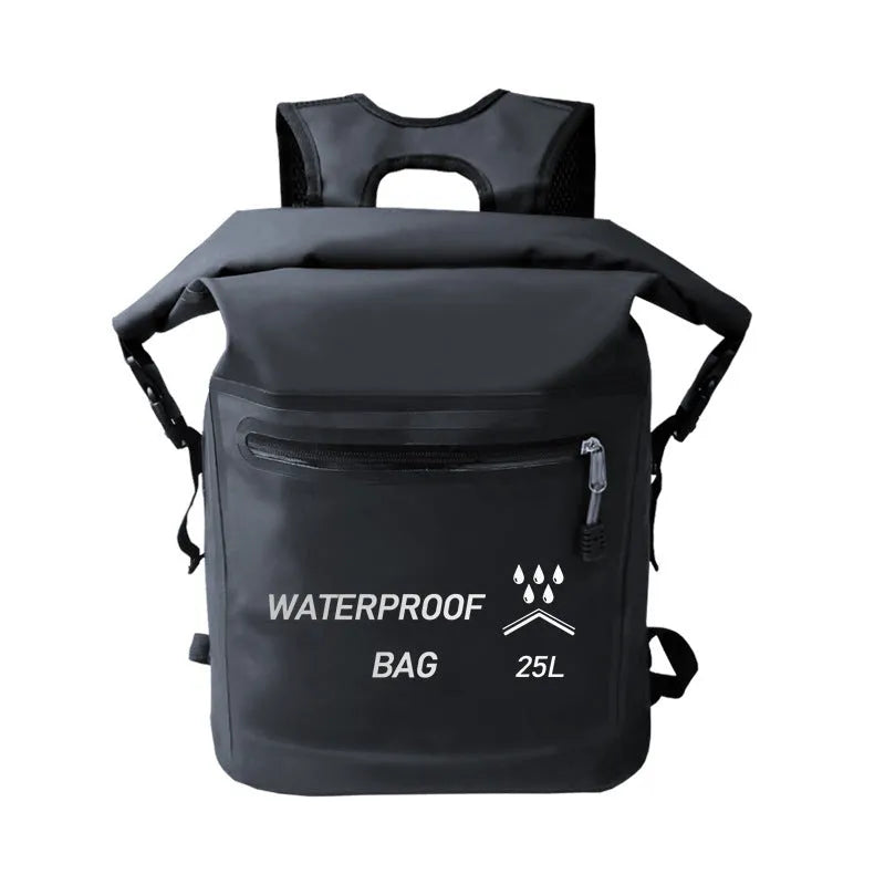 Black 25-litre waterproof outdoor backpack with a mesh clip for water sports.