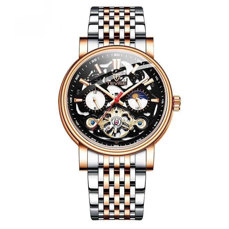 Men's tourbillon mechanical watch with luminous hands on a steel bracelet, showing a black dial.
