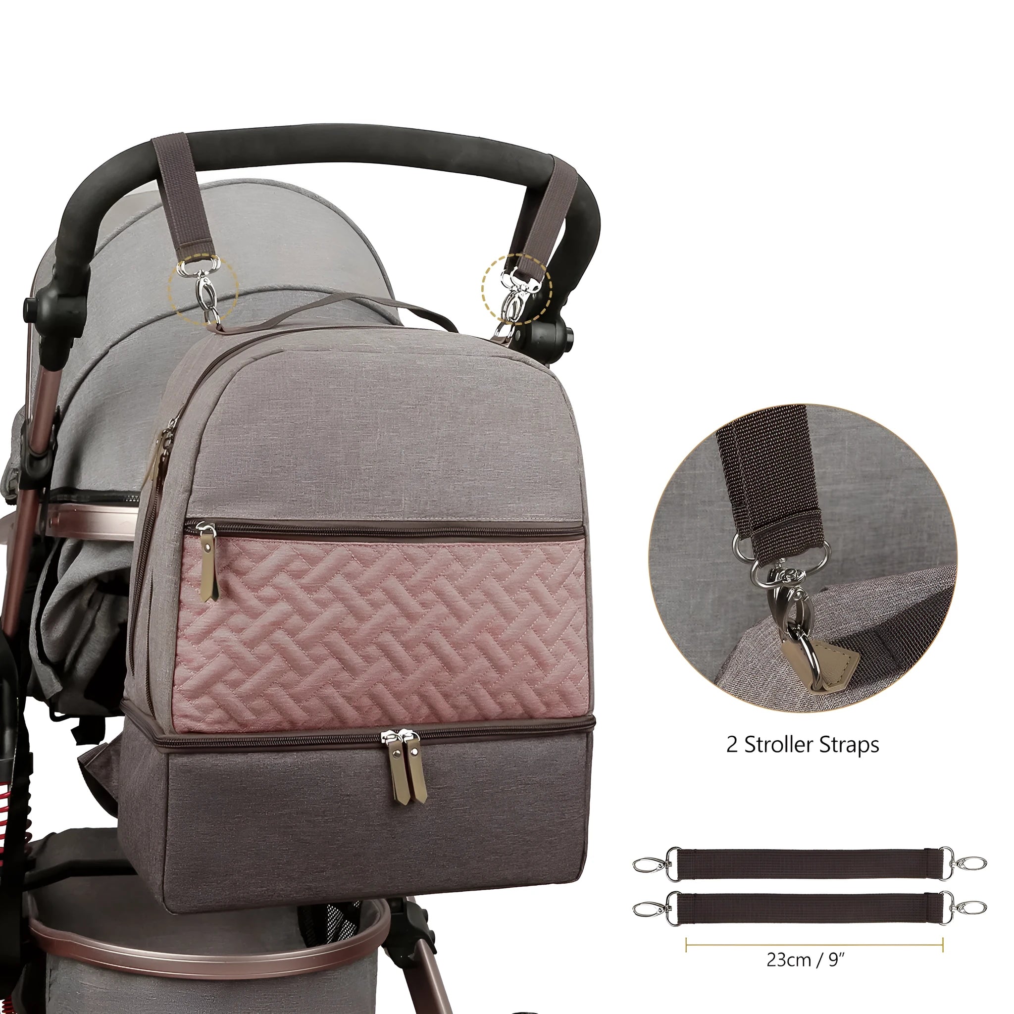 Grey insulated baby carrier backpack with curved shoulder straps and multiple compartments for mother and child travel