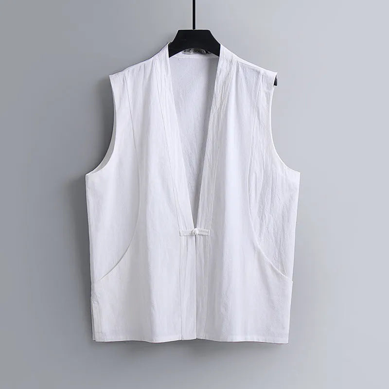 Men's loose-fitting sleeveless linen vest in solid colour for summer wear
