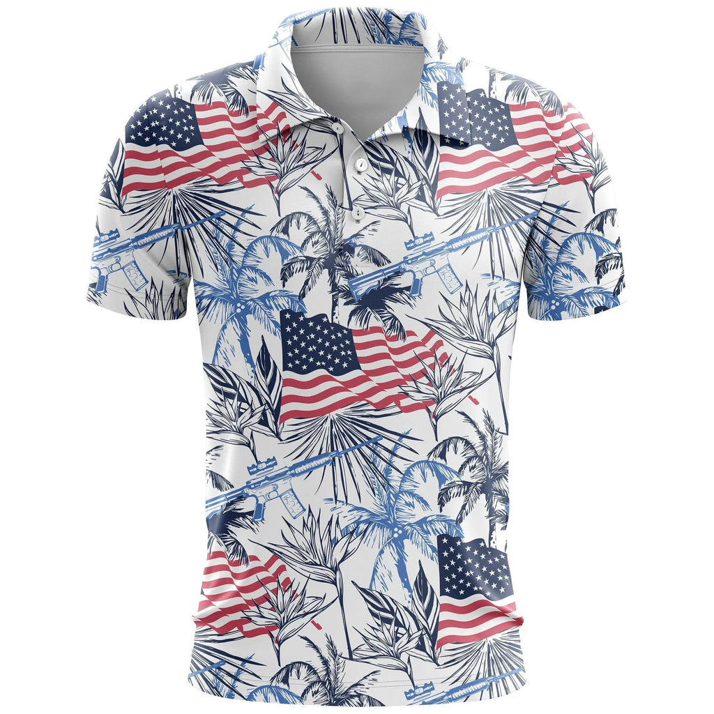 Man's loose-fit 3D printed short sleeve T-shirt in bird eye cloth polyester, showing colour and pattern detail.