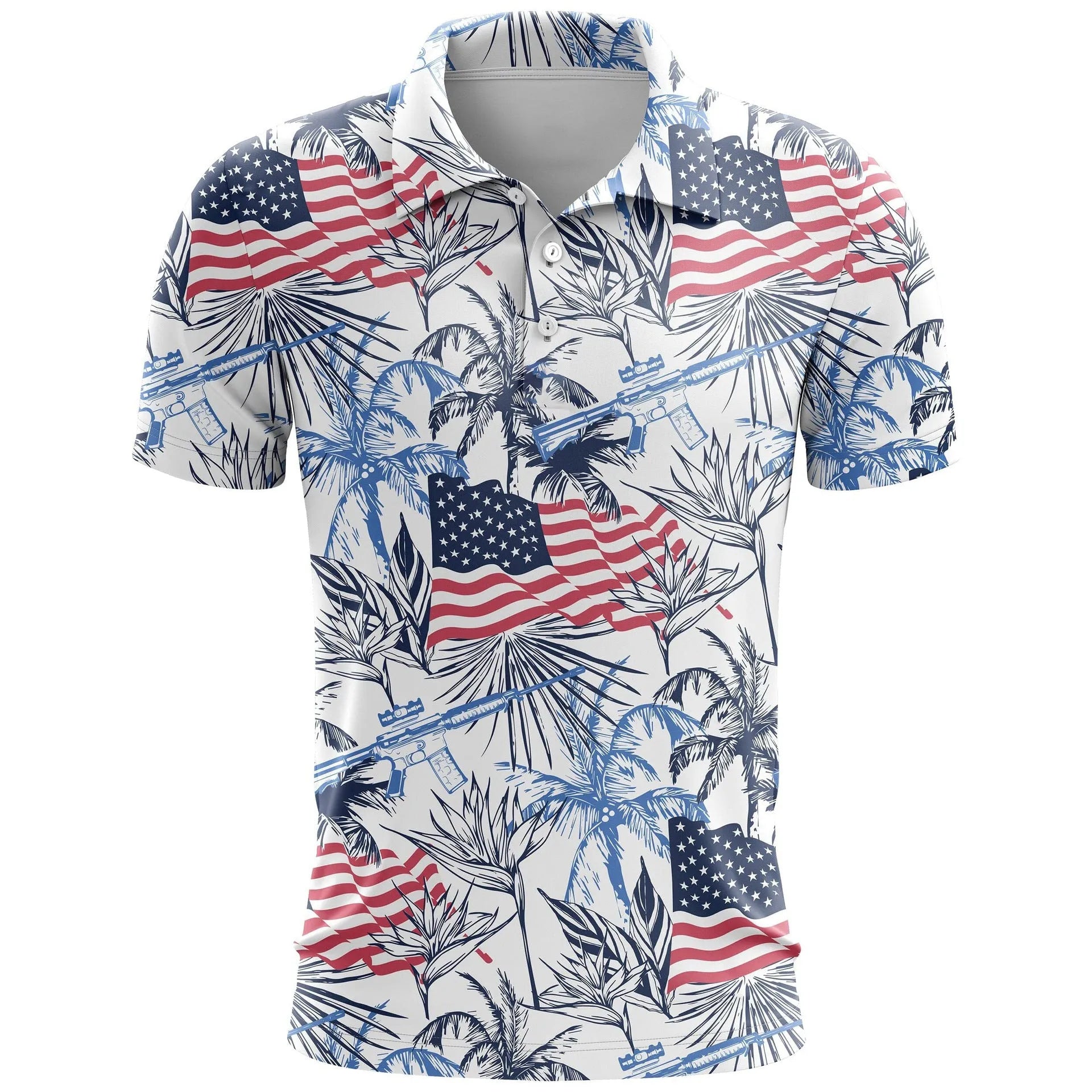 Man's loose-fit 3D printed short sleeve T-shirt in bird eye cloth polyester, showing colour and pattern detail.