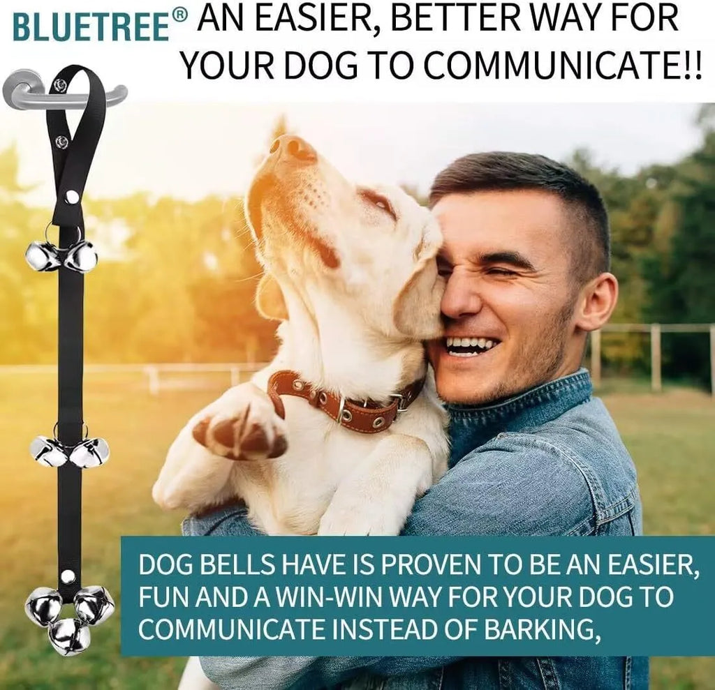 Premium silver metal dog training doorbell with seven large bells on an adjustable nylon strap.