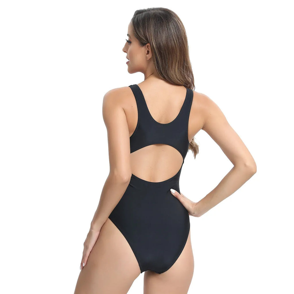 Women's sleeveless one-piece polyester swimsuit in rose red, blue or white colours