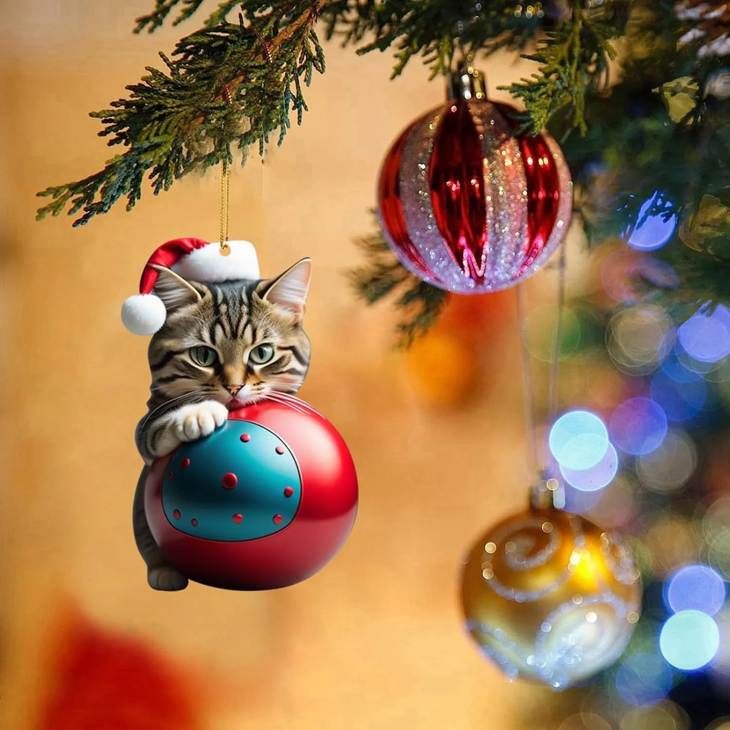 Christmas car hanging ornament featuring cartoon kitten design in transparent acrylic