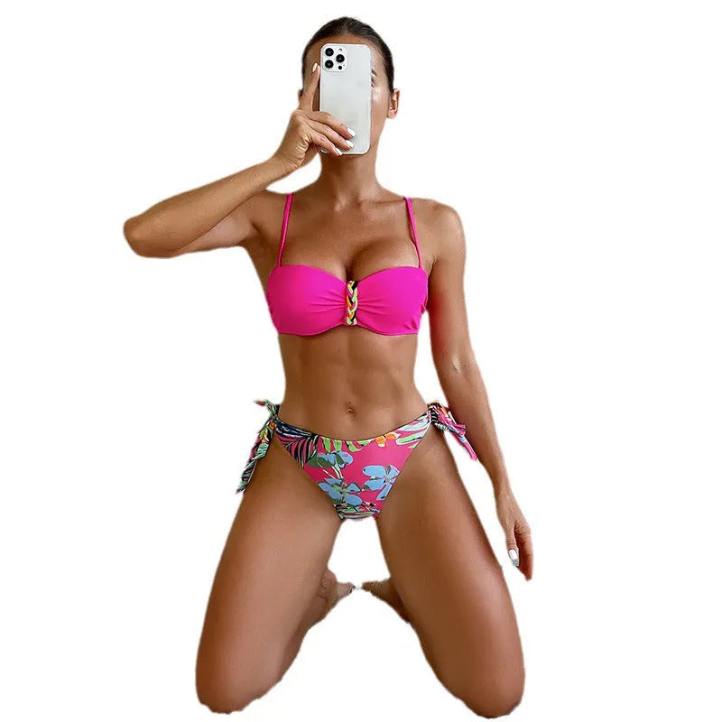 Women's rose red bikini swimsuit with braid rope design for swimming