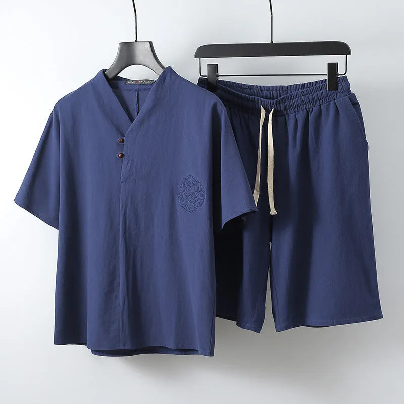 Men's loose linen cotton two-piece set with short-sleeved top and shorts in apricot colour.