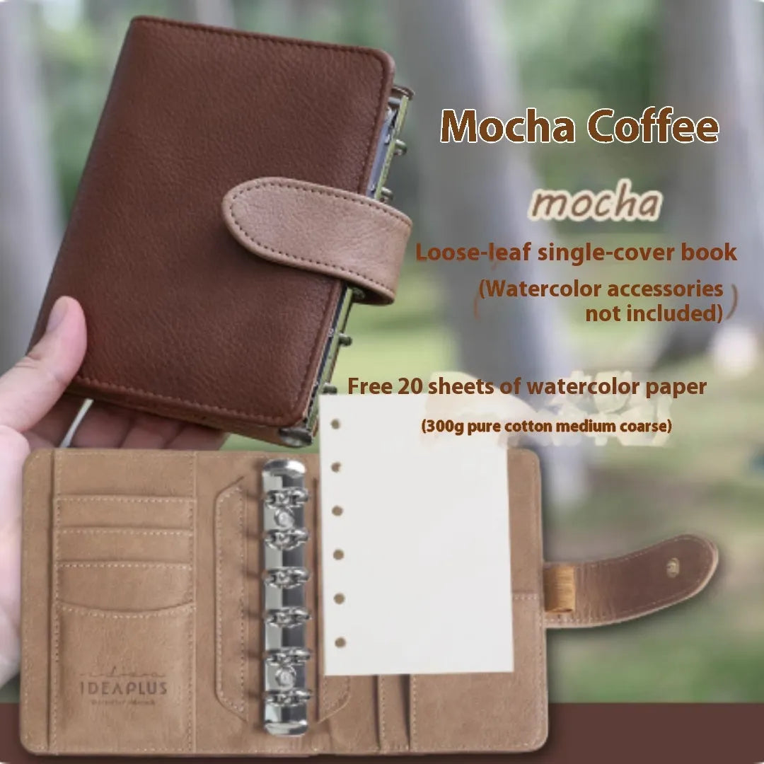 A7 mini loose-leaf watercolour book in avocado green, hazelnut brown, mango pudding, mocha coffee, and rainforest green colour options.
