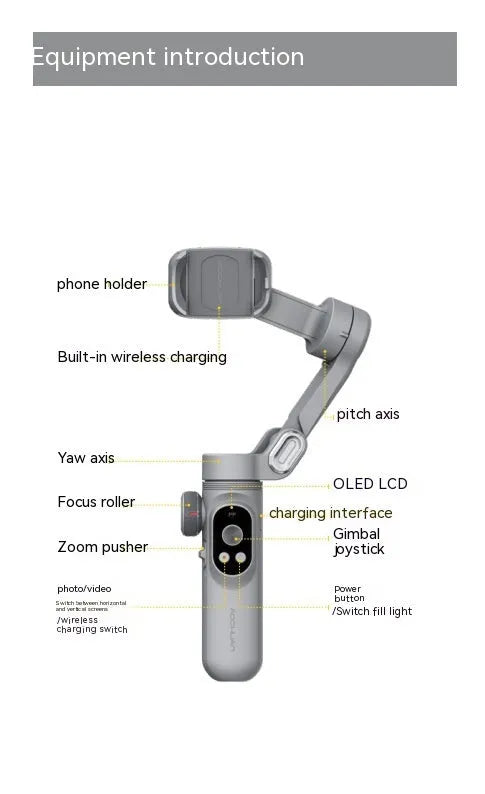 Silver grey smartphone gimbal stabiliser with extended arms and Bluetooth remote on a black background.