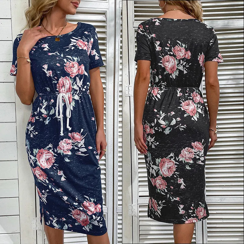 Casual women's high-waist printed polyester dress in black and dark blue options sizes S to XL