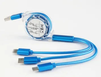 One For Three telescopic data cable 120cm with Apple Android Type-C connectors in multiple colours