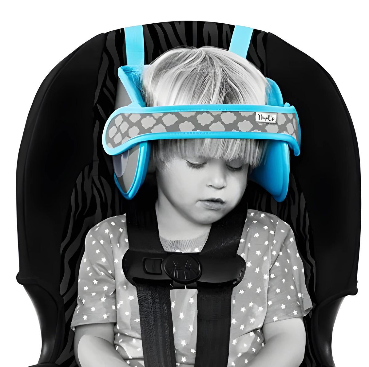 Blue child fixed sleeping pillow with cloth fabric and cotton filling for car, train, and airplane travel