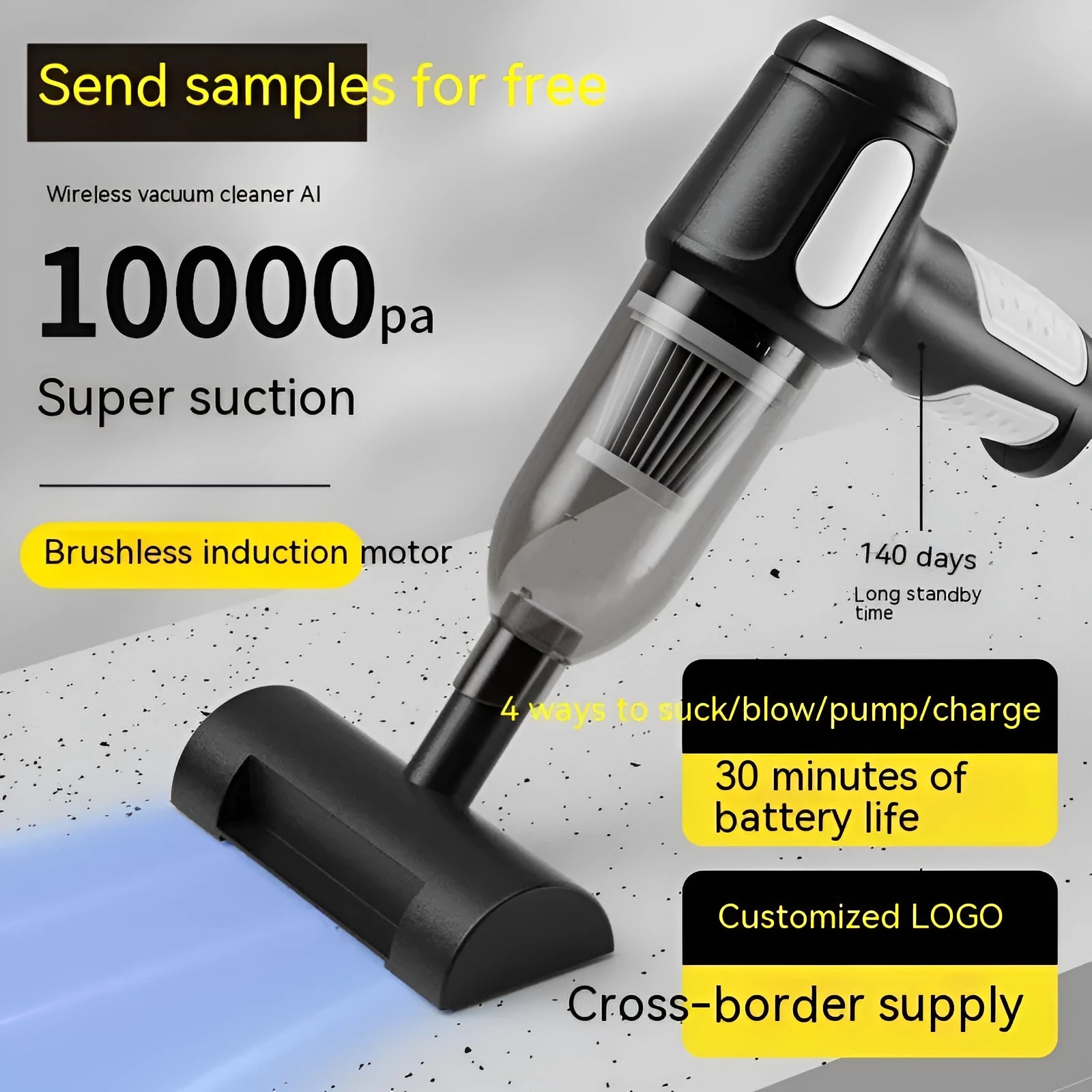 Handheld car vacuum cleaner with nozzle attachments in black, white, or grey colours