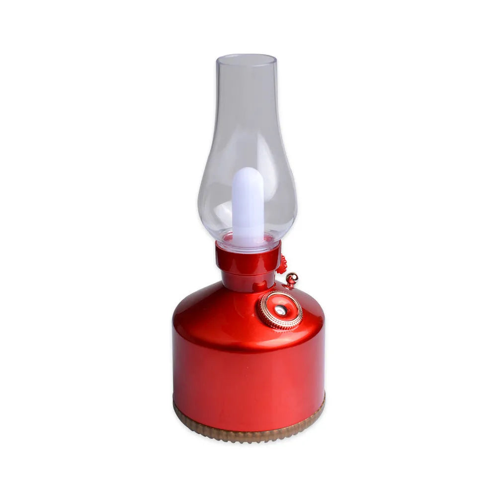Kerosene lamp ultrasonic humidifier with grey ABS shell on a wooden desk showing single fog outlet