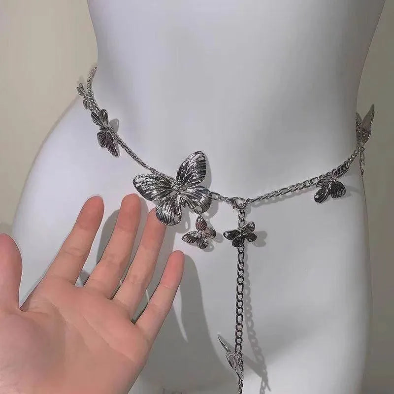 Gold or silver alloy waist chain for women featuring a butterfly design, showing its 104cm length.