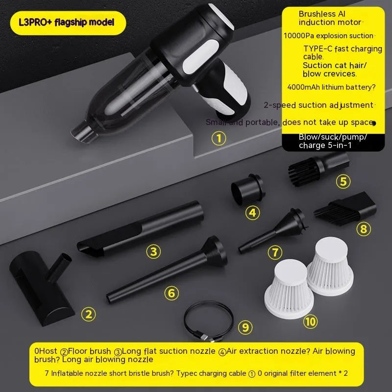 Handheld car vacuum cleaner with nozzle attachments in black, white, or grey colours
