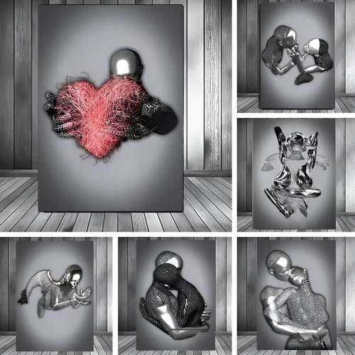 Frameless canvas poster painting with abstract metal sculpture art pattern, multiple size options available