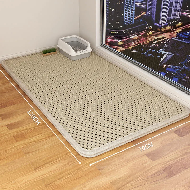 Double layer cat litter mat with waterproof backing in beige colour showing urine trap design