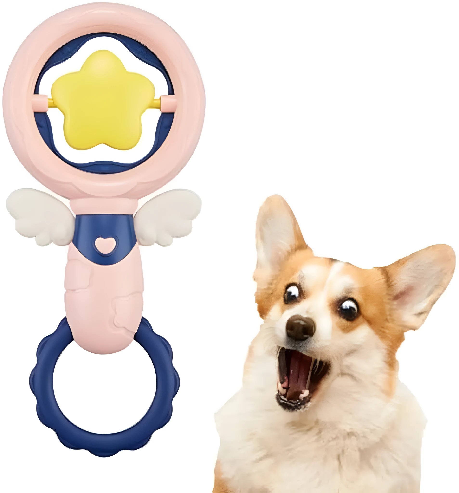 Four pink rubber dog toys including squeaky toys and dental chews for large breed dogs