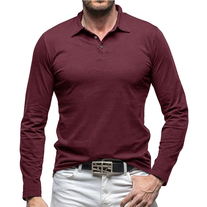 Men's dark grey cotton long sleeve T-shirt with a polo collar laid flat.