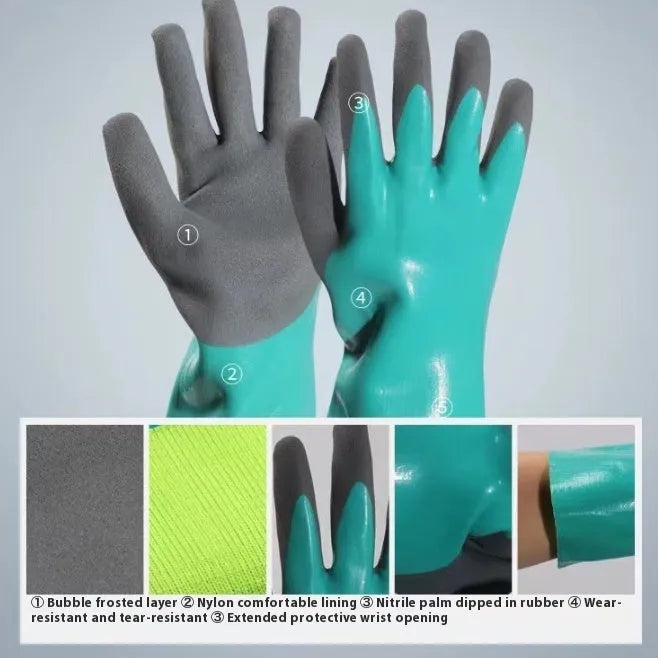 Navy blue women's nitrile gloves shown in short and lengthened sleeve versions for fishing and work.