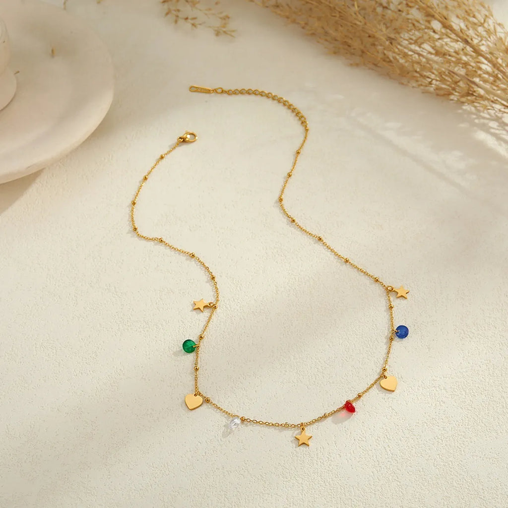 Stainless steel zircon necklace clavicle chain with beaded blue bracelet set geometric pendant on white background