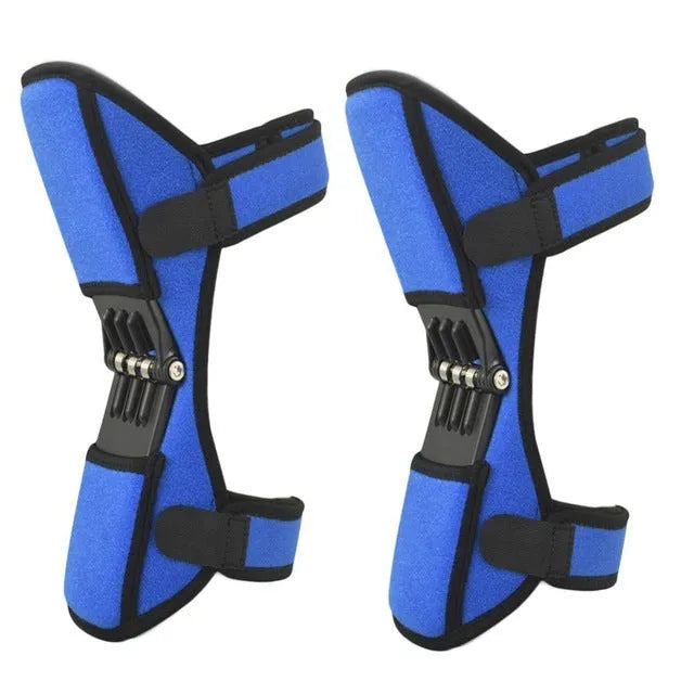 Adjustable spring knee brace support for mountaineering and sports, shown in black with breathable fabric.