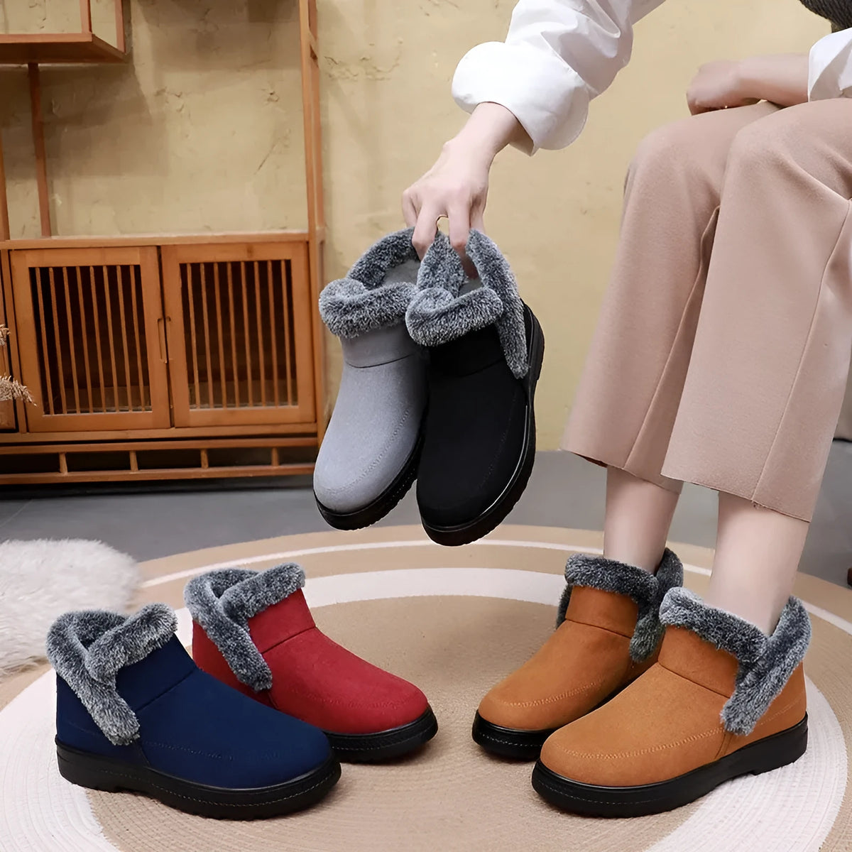 Women's cotton snow boots with plush lining, flat wedge heel, available in black, camel, blue, sizes 36-43.