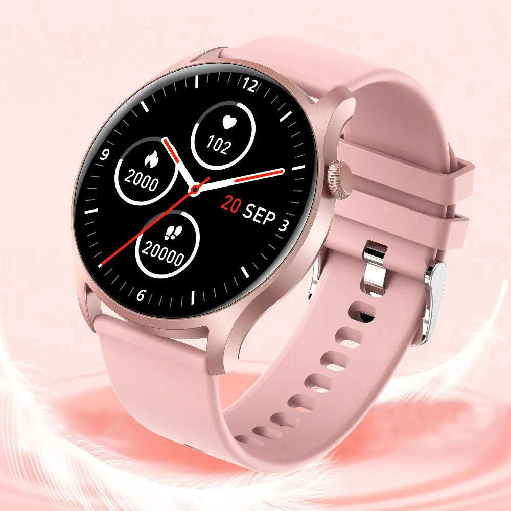 Smart watch with silicone band displaying heart rate and blood pressure on a 1.3-inch screen.