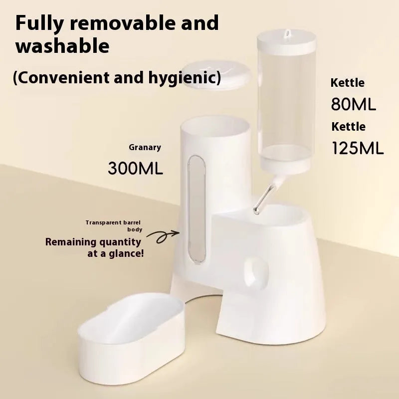 White automatic water feeder and food basin set for hamsters on a blue background.