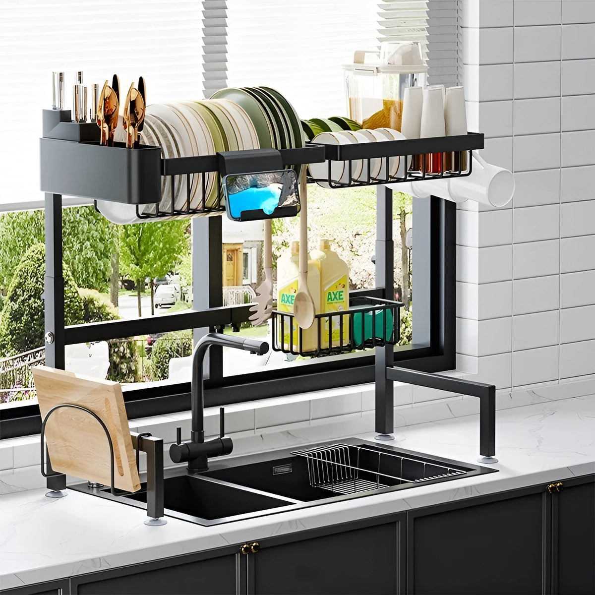 Black metal retractable sink draining rack with water pot rack set, over sink drainer and table top, modern simplicity style