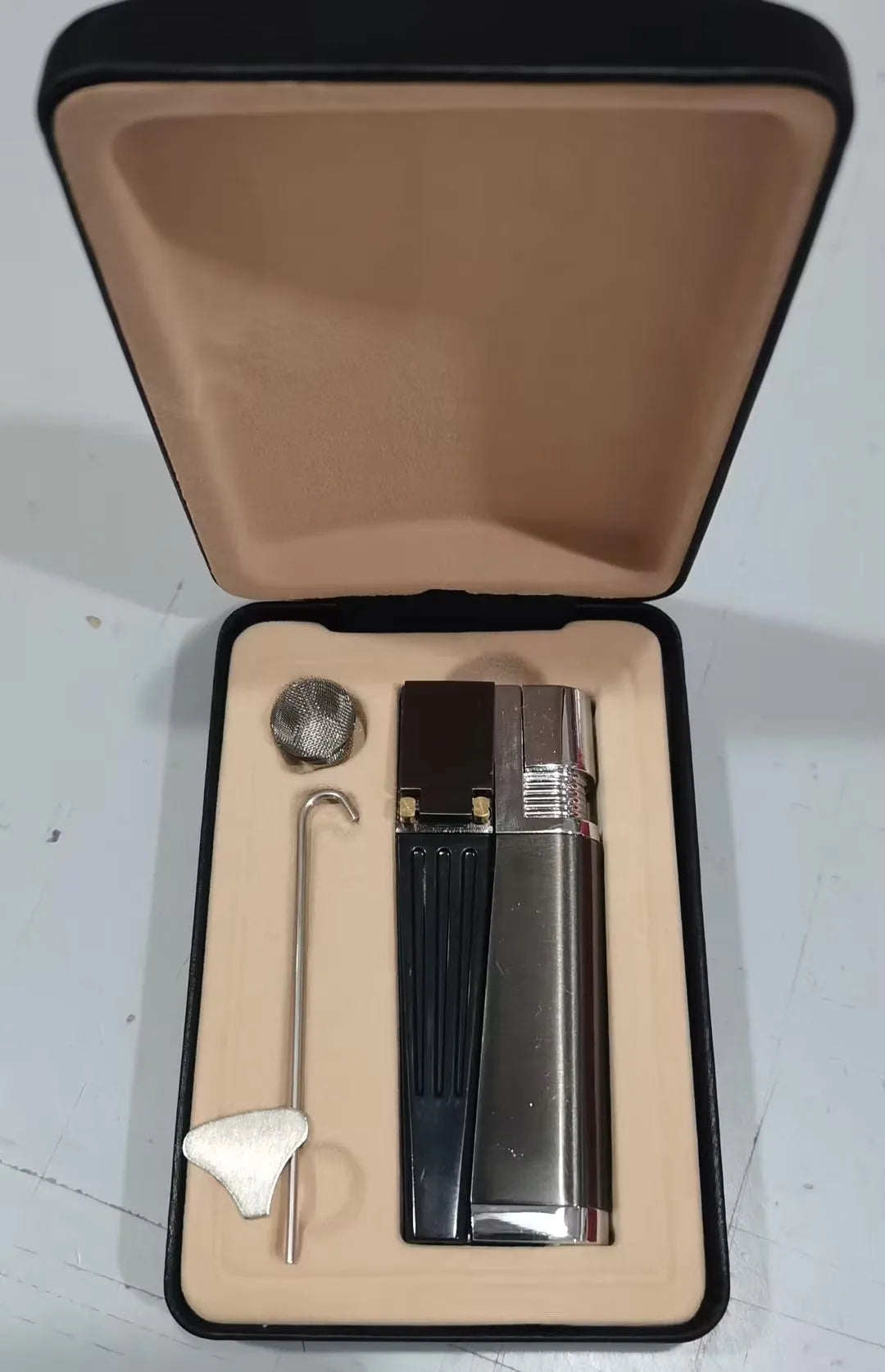 Foldable metal pipe lighter showing stash compartment and lighter mechanism in zinc alloy construction