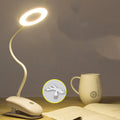 White rechargeable clip-on desk lamp with a modern plastic shade and touch switch