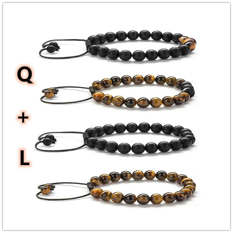 Geometric agate couple bracelets in tiger eye and matte black beads.