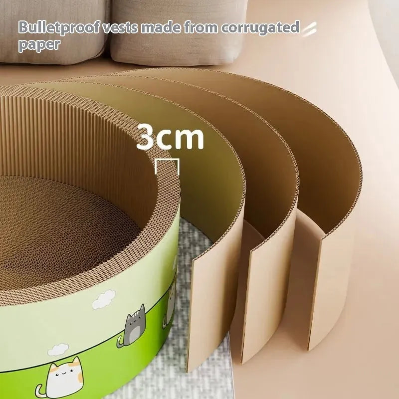 A large round deep-groove cat scratch board made from brown corrugated paper, sitting on a wooden floor.