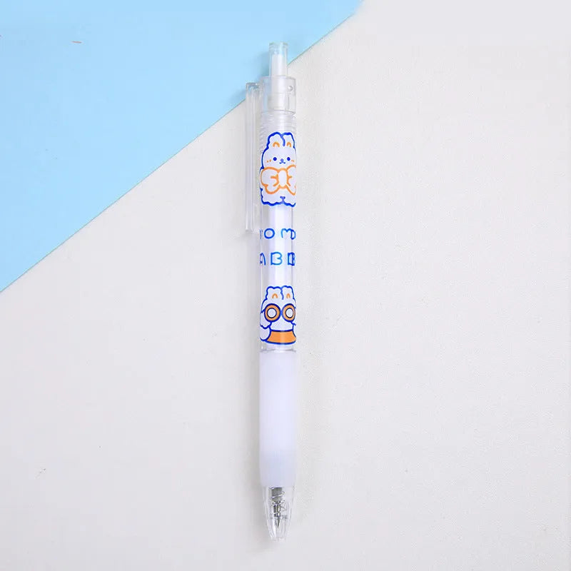 A pack of six colourful bear and rabbit character press pen knives on a white background.