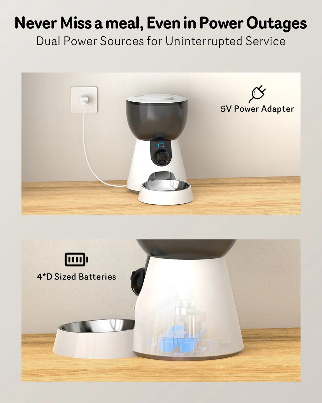 Automatic cat feeder with integrated camera, stainless steel food tray, and 4L storage hopper.