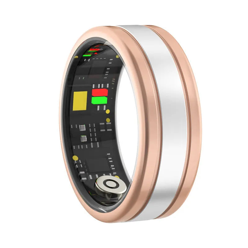 Rechargeable smart ring in gold for health monitoring with heart rate sleep and step tracking