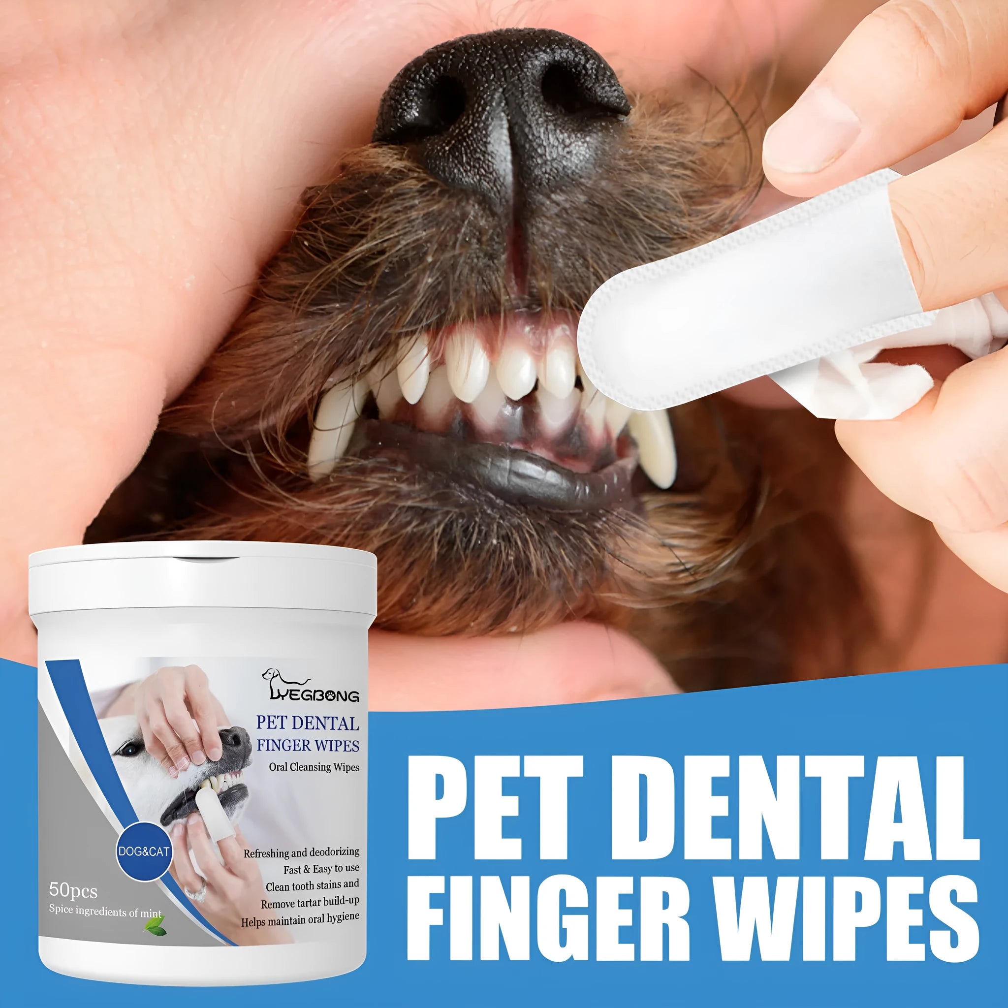 Canister of 50 pet teeth finger stall wipes for dog dental hygiene and oral care
