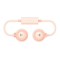 Pink and blue folding hanging neck fan showing leafeas design and USB charging port