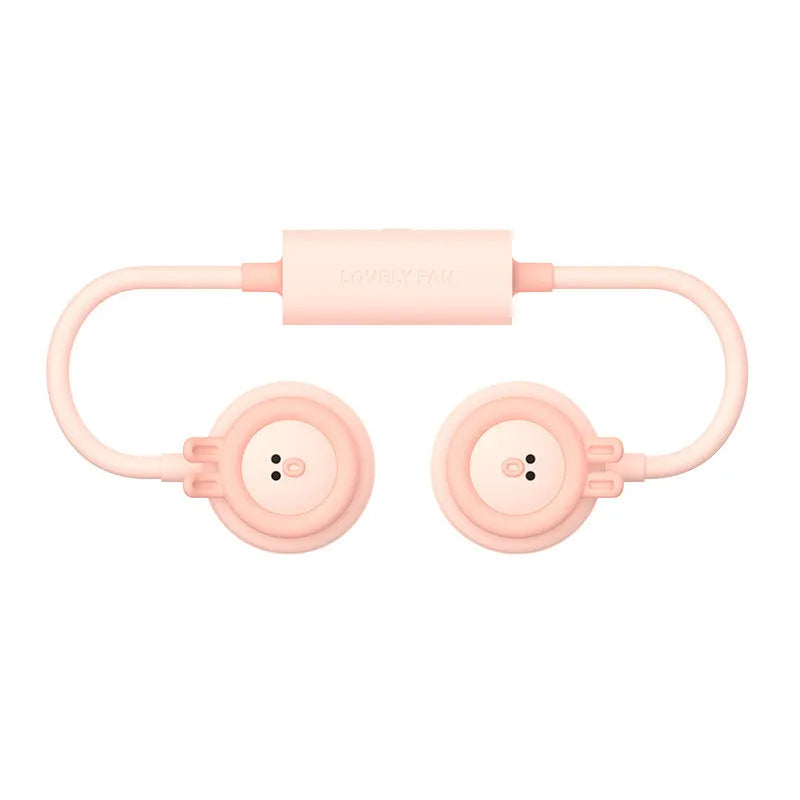 Pink and blue folding hanging neck fan showing leafeas design and USB charging port